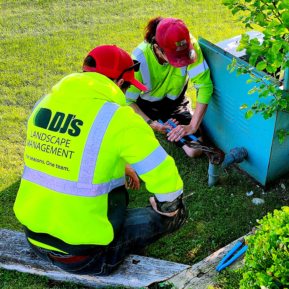 two DJ's Landscape management employees performing a water irrigation system service