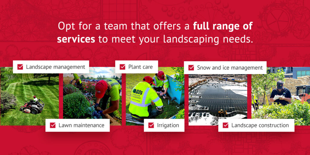 five images of DJ's employees performing year-round services such as landscape management, lawn maintenance, plant care, irrigation, snow and ice management, and landscape construction