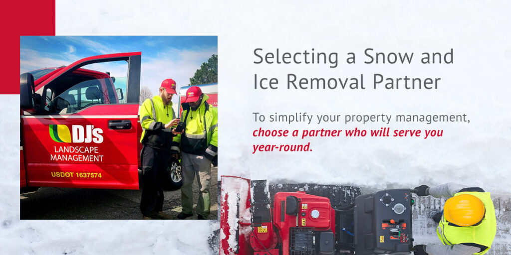 two DJ's employees standing outside of a red work truck and another DJ's employee plowing snow