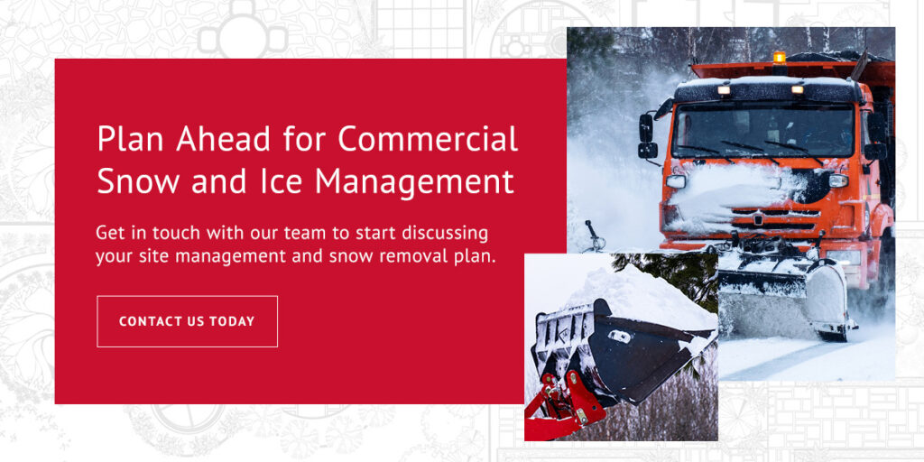 A truck plowing snow and a bucket scooping snow with a call-to-action to plan ahead for commercial snow and ice management with DJ's