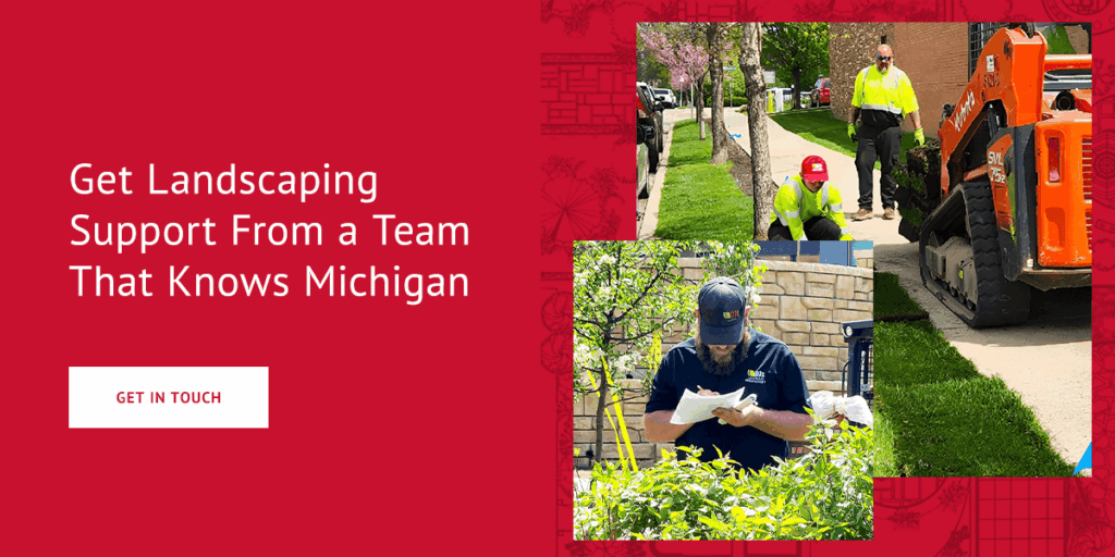 three DJ's Landscape Management employees on a landscape construction job with text that reads "Get Landscaping Support From a Team That Knows Michigan" and a "Get In Touch With Us" CTA button on the graphic