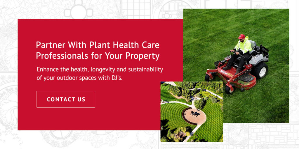 aerial shot of a DJ's Landscape Management employee riding a lawn mower cutting grass and another aerial shot of a commercial property landscape with a call to action to partner with plant health care professionals like DJ's