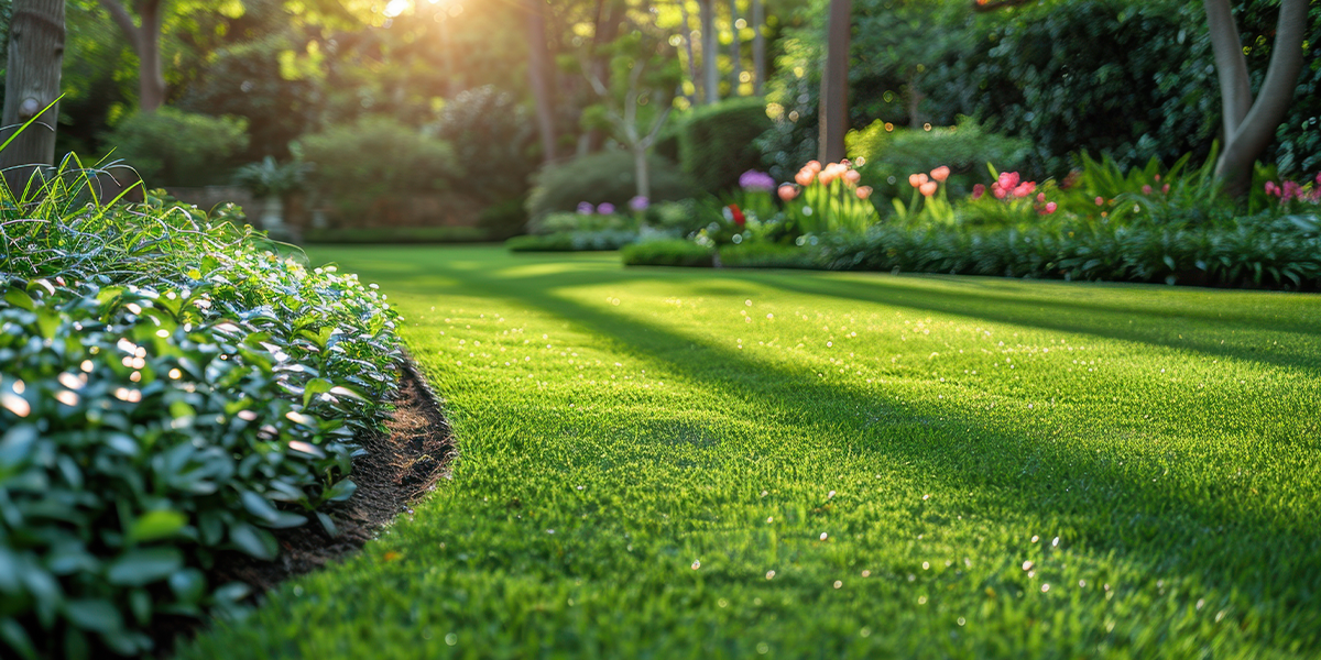 bright green lawn with lively bushes, shrubs, and colorful flowers