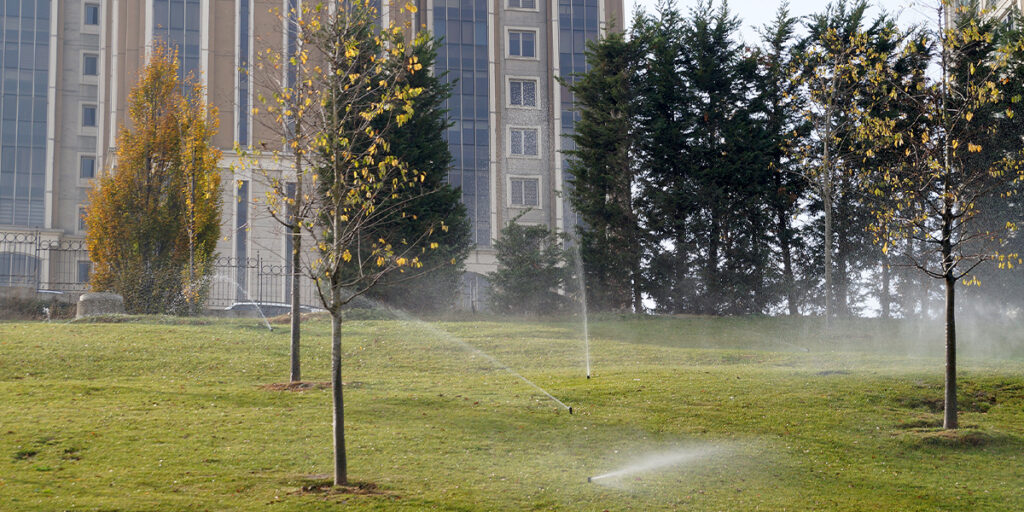 exterior of a building with trees and sprinklers watering grass